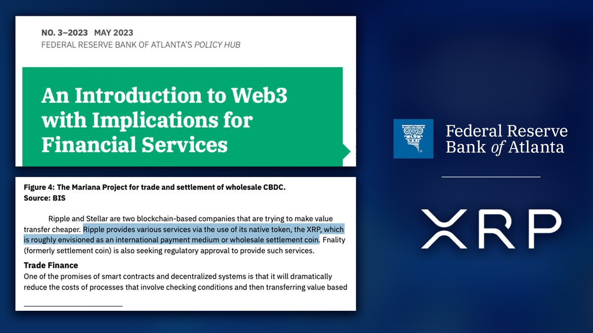 coinbureau's tweet image. ⚡️XRP MENTIONED BY ATLANTA FED!

The Atlanta Fed’s new report on Web3 calls $XRP an “international payment medium or wholesale settlement coin.”