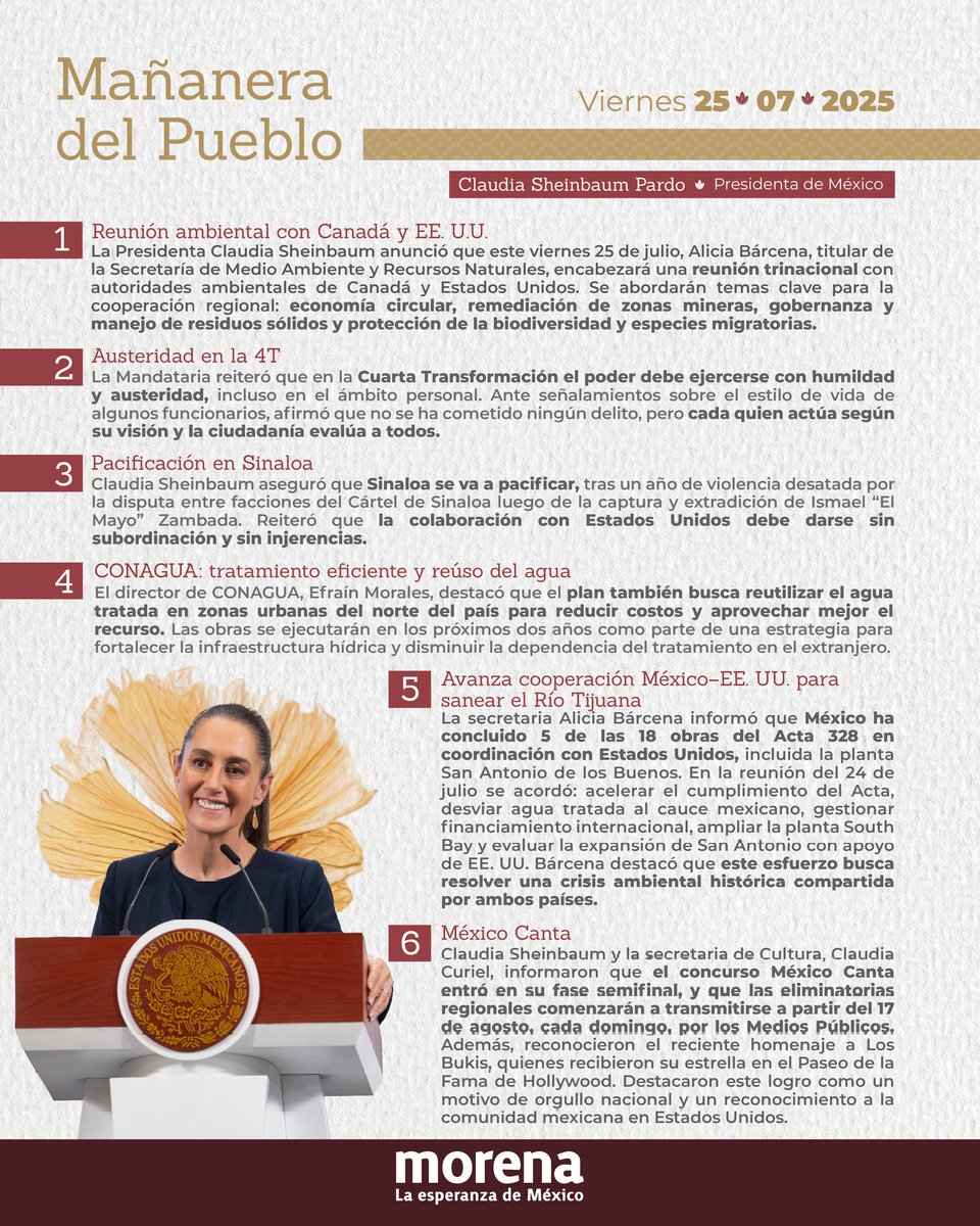 PartidoMorenaMx's tweet image. Todos los detalles de la #MañaneraDelPueblo están en el siguiente resumen 💧
👉🏽 Como parte de la estrategia para fortalecer la infraestructura hídrica se busca reutilizar el agua tratada en zonas urbanas del norte del país para disminuir la dependencia de tratamiento en el…