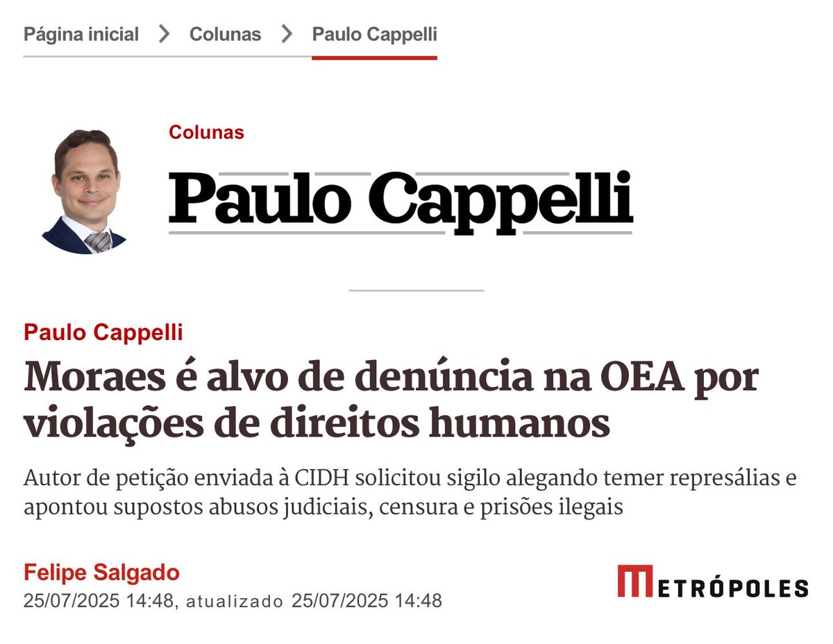 GRAVÍSSIMO! "O texto aponta o ministro Alexandre de Moraes como responsável por 'prisões preventivas em massa, sem fundamentação individualizada ou tempo razoável de detenção' e por decisões judiciais tomadas 'sem contraditório nem ampla defesa'."