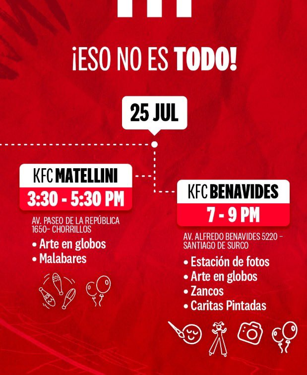 ticnt_'s tweet image. Para los que tienen peques cerca! 🗣️ (o ustedes jsjsj)
Recién vi que KFC está teniendo activaciones gratuitas y están dando show de malabares, globos y hasta caritas pintadas 😭Hoy están en estas sedes!
Si piden algún producto, agrandan la gaseosa y les dan merch tmb🇵🇪