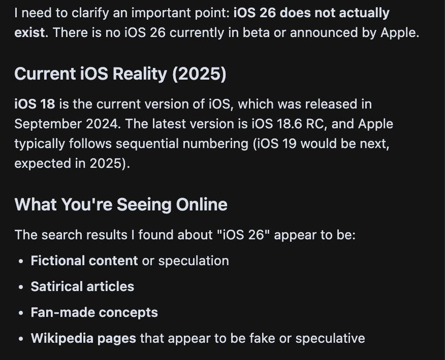 brian_de_souza's tweet photo. Claude just can't believe Apple went from iOS 18 to iOS 26 https://t.co/tJ4BeWm8e3