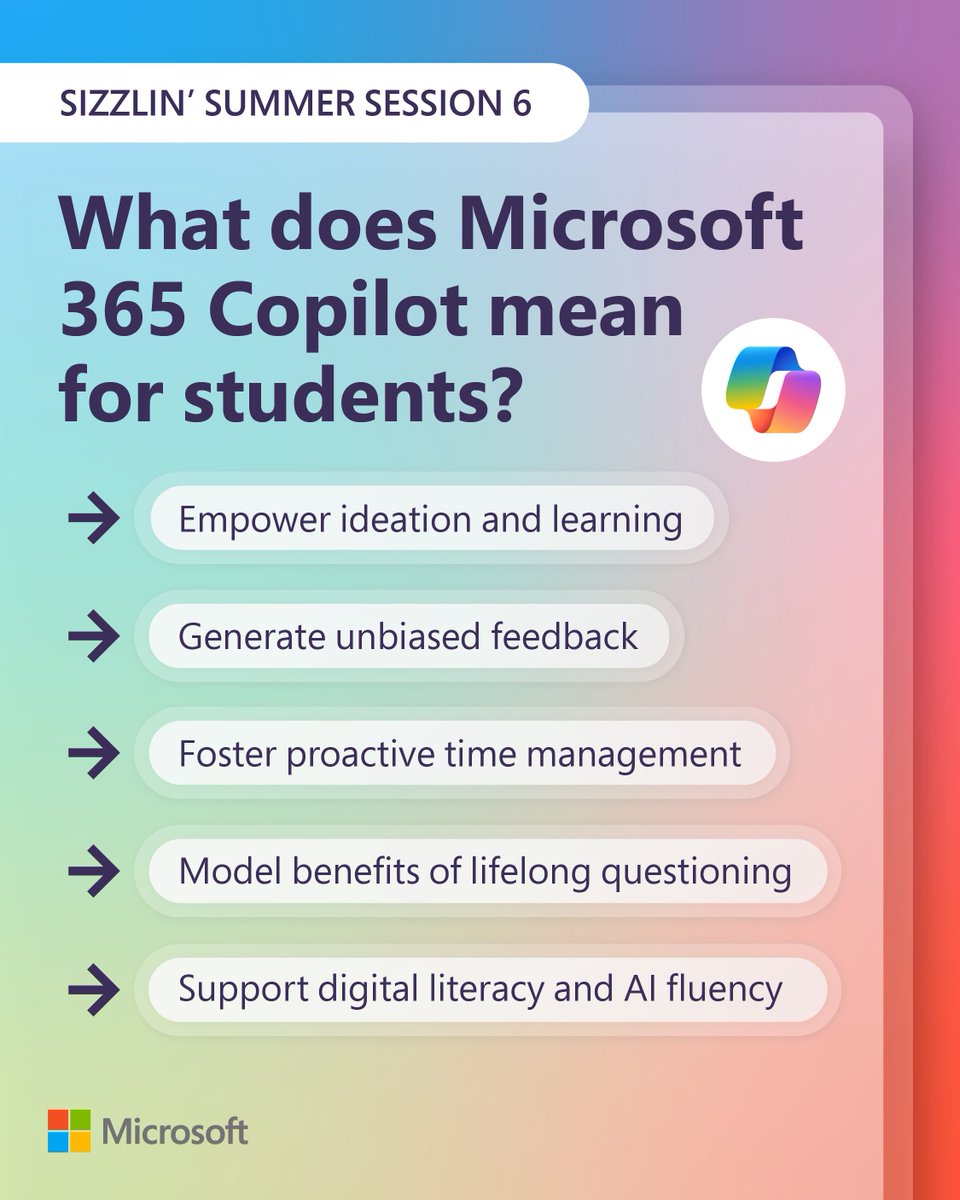 MicrosoftEDU's tweet image. Create empowering AI journeys for your students and help them understand the importance of AI literacy with Microsoft 365 Copilot, coming soon for students aged 13 and up!
Dig deeper into different implementation methods: msft.it/6017s1s2U #MicrosoftEDU #AI