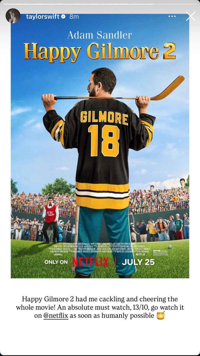 SpotifySwiftie's tweet image. Taylor Swift shares positive review of Adam Sandler’s “Happy Gilmore 2”, rating it a 13/10!
