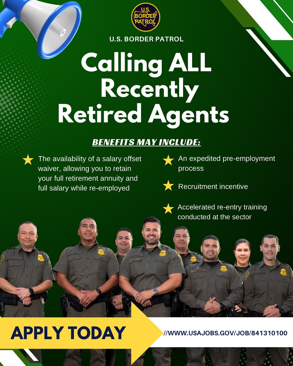 USBPChiefDTM's tweet image. Recently retired from Border Patrol?
We want you back!
We’re seeking to reinstate retired agents to rejoin the agency and continue the great work we’ve accomplished the last six months. You must be retired for at least one year before the closing of the announcement and no more…
