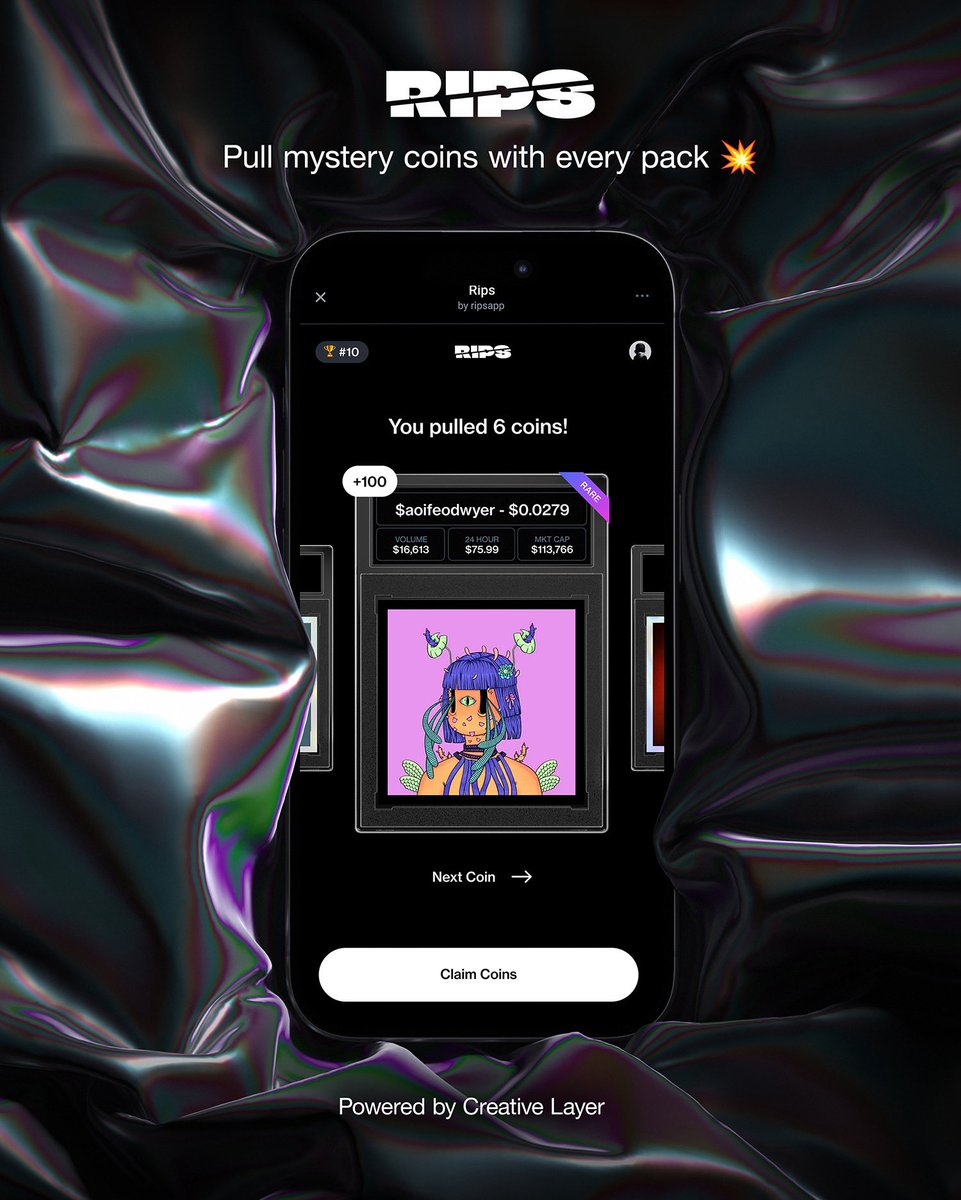 nazimahmed's tweet image. Sneak peek 👀
Mini App #2 launching soon on @farcaster_xyz + @baseapp:
🎴 Rip a pack
🎯 Pull @zora creator coins
🚨 Follow @ripsapp for drop date.
Featured Coin: @aoifeodwyer 🎨