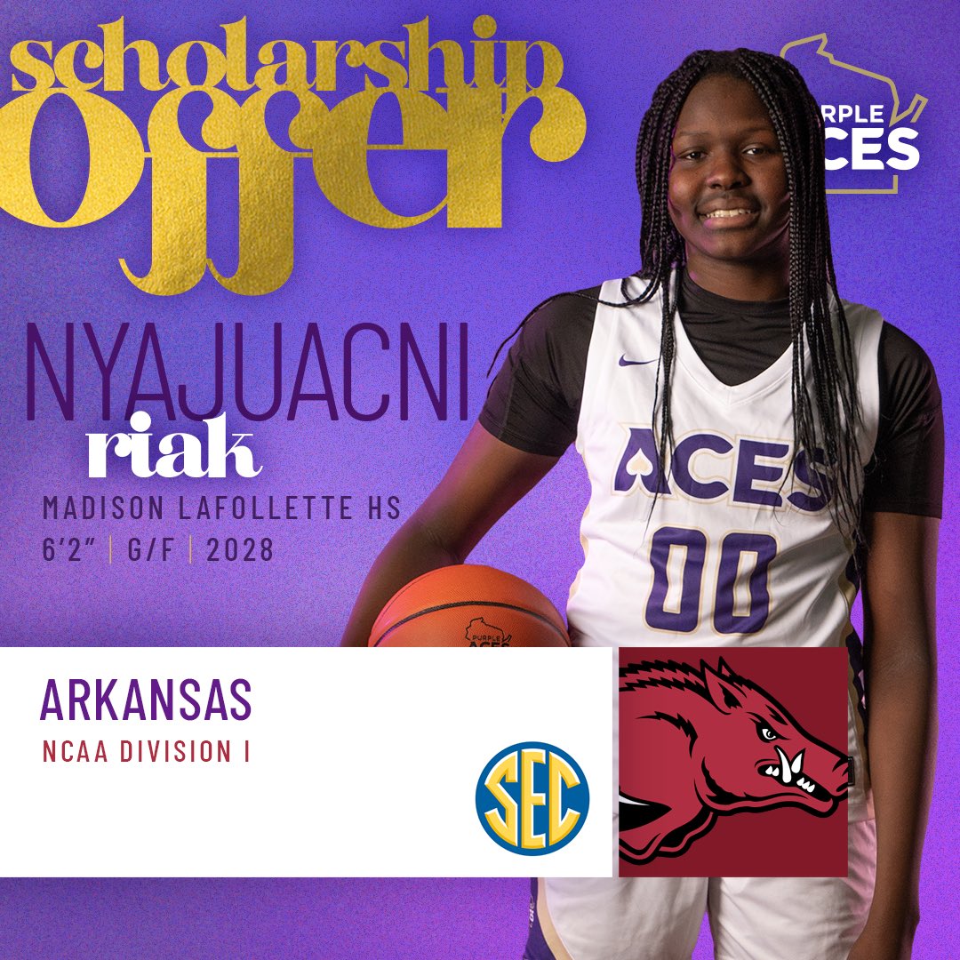 PurpleAcesWI's tweet photo. 4️⃣⭐️ @NyajuacniRiak 2028 G/F
Earned a scholarship offer from Head Coach Kelsi Musick and the Arkansas Razorbacks of the SEC‼️
💟♠️ #AcesEarnIt #PlayAces https://t.co/QU7ZVxpaEJ