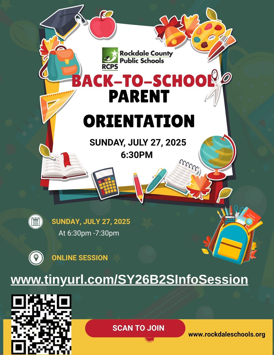 RCPS Parents &amp; Families -  join us for the RCPS Back-to-School Parent Orientation meeting online Sunday, July 27, 2025, 6:30PM at tinyurl.com/SY26B2SInfoSes… .  (Please note: This will not cover school specific information)