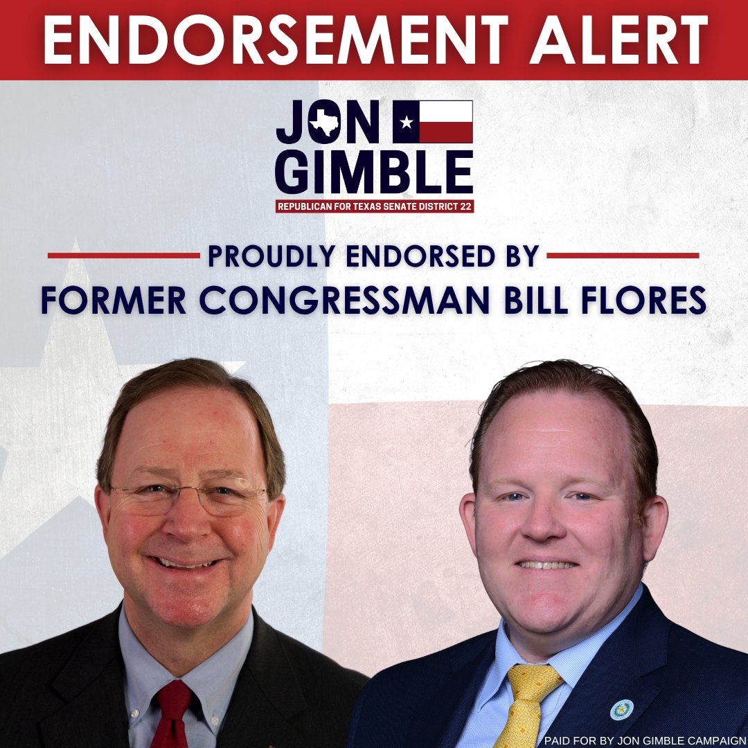 JonGimbleTX's tweet image. 🚨 ENDORSEMENT ALERT 🚨
Former U.S. Congressman Bill Flores is backing our campaign for Texas Senate District 22!
“I had the privilege of serving the people of McLennan County alongside Jon Gimble, and I saw firsthand his integrity, work ethic, and conservative convictions. Jon…