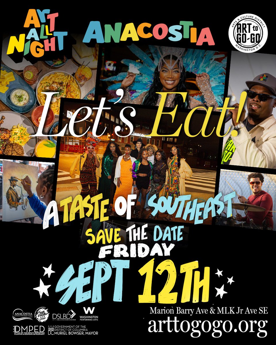 Anacostia BID (@anacostiabid) on Twitter photo 🎉 SAVE THE DATE: Friday, September 12th 🎉
#ArtAllNightAnacostia is back — and this year, we're bringing the FLAVOR with "Let’s Eat! – A Taste of Southeast" 🍽️🎶🎨🖋️👗 🎉 SAVE THE DATE: Friday, September 12th 🎉
#ArtAllNightAnacostia is back — and this year, we're bringing the FLAVOR with "Let’s Eat! – A Taste of Southeast" 🍽️🎶🎨🖋️👗