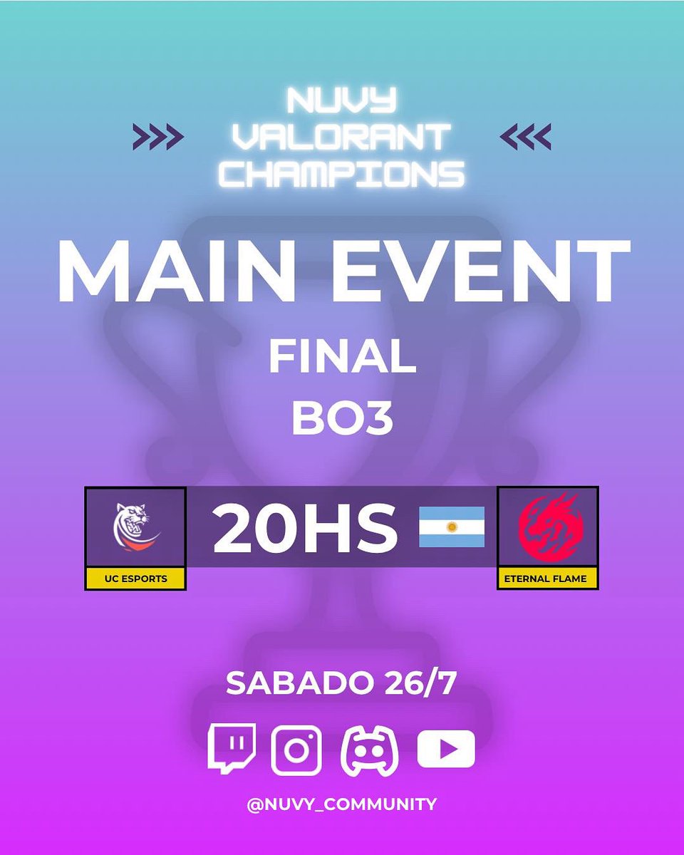 Nuvy Community (@nuvy_community) on Twitter photo 🚨 Mañana se define TODO
La gran final de la #NuvyCup está por comenzar y solo un equipo se quedará con la gloria. 🏆
⚔️ <a href="/puc_esports/">UC Esports</a> vs <a href="/EternalFlameCL/">Eternal Flame</a>
🔥 Duelo de titanes por el título
🕗 Sábado 26/7 – 20HS 🇦🇷
¿A quién queres como campeón? 👀 🚨 Mañana se define TODO
La gran final de la #NuvyCup está por comenzar y solo un equipo se quedará con la gloria. 🏆
⚔️ <a href="/puc_esports/">UC Esports</a> vs <a href="/EternalFlameCL/">Eternal Flame</a>
🔥 Duelo de titanes por el título
🕗 Sábado 26/7 – 20HS 🇦🇷
¿A quién queres como campeón? 👀