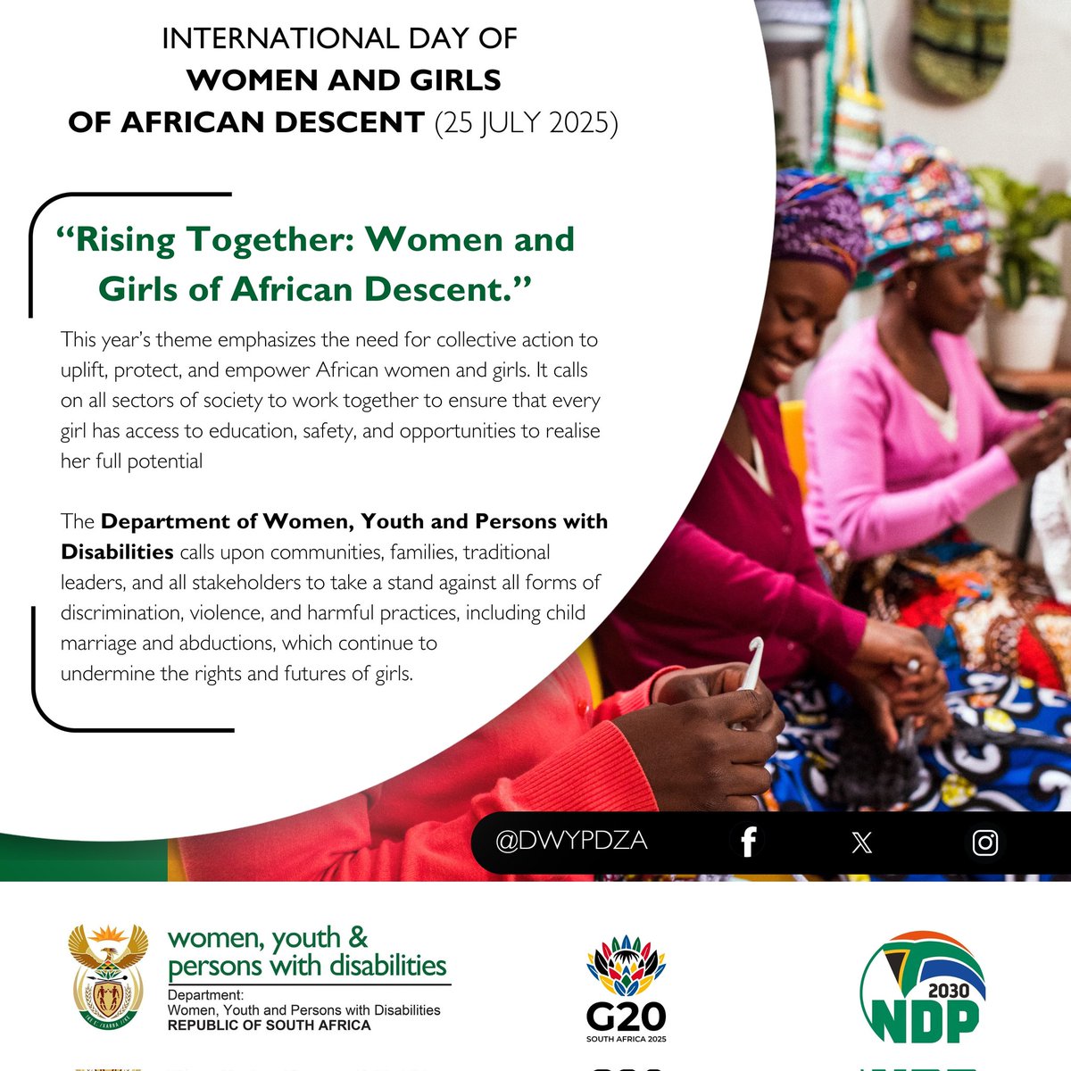 DWYPD_ZA's tweet image. 📢 Today, we commemorate the International Day of Women and Girls of African Descent (25 July 2025) under the theme:
“Rising Together: Women and Girls of African Descent.”