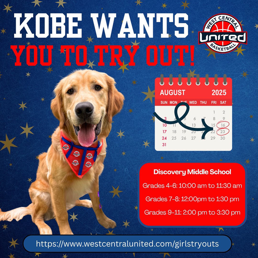 Kobe wants you to tryout for West Central United! Our first session is 3 weeks out. Register today!

westcentralunited.com/girlstryouts