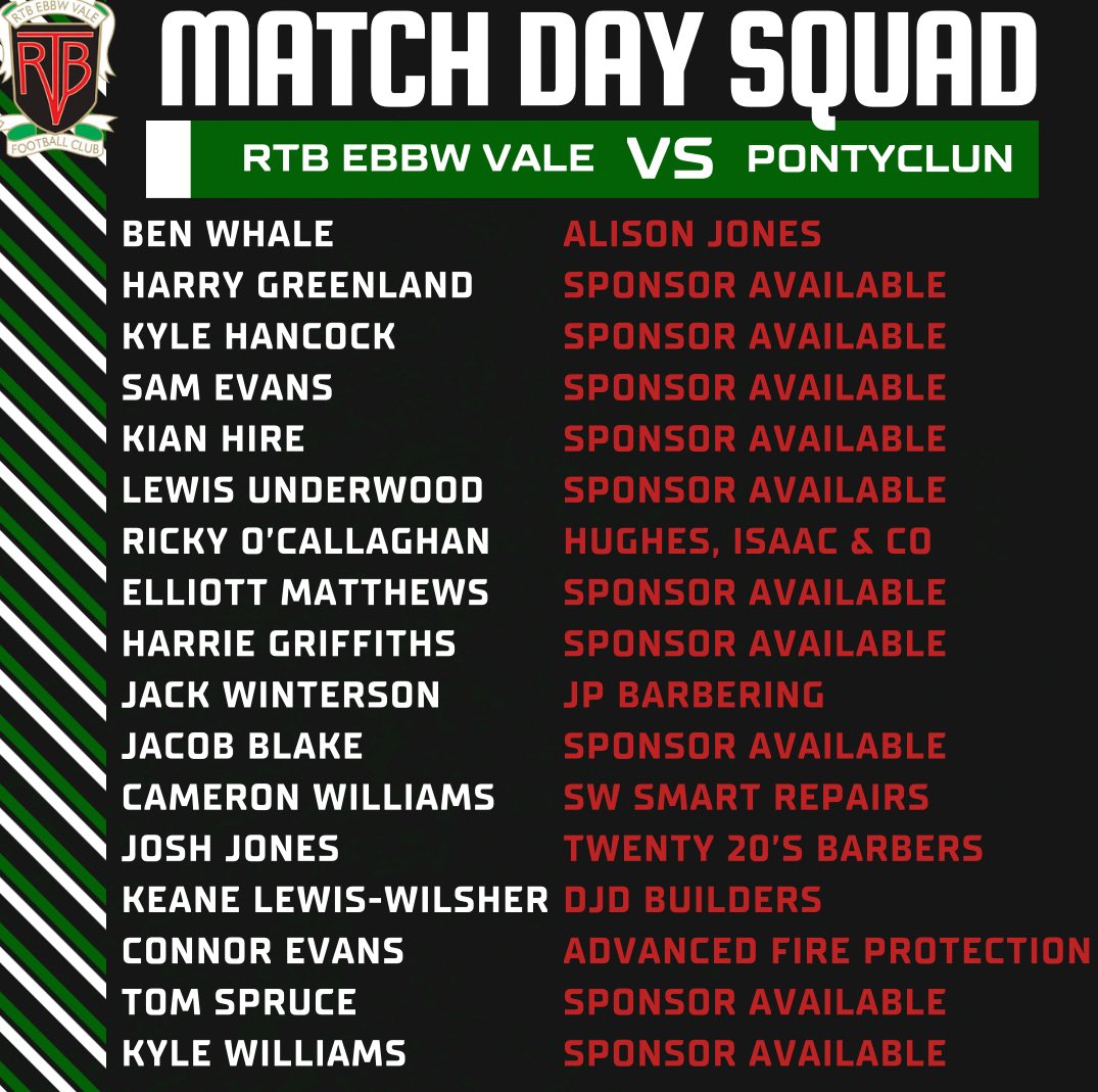 🟢MATCHDAY SQUAD🟢
Here’s a look at our squad for tomorrow’s game against Pontyclun.
Come and support the boys💚
Sponsorship opportunities available🤝
