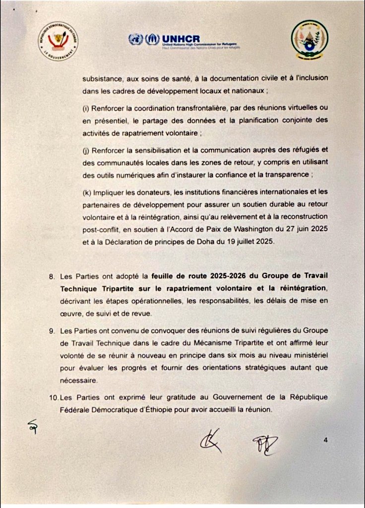 #RDC_GL_RWANDA:

Nous saluons avec espoir la signature de l’accord tripartite entre la RDC, le Rwanda et le  HCR relatif au retour volontaire des réfugiés congolais exilés au Rwanda. Cet engagement marque une avancée significative dans la quête de solutions durables à la crise