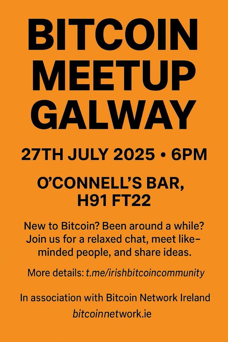 BitcoinconfIRL's tweet image. If your looking for a Bitcoin meet up in Ireland 🇮🇪 check out the Galway meetup on 27th July details below 👇