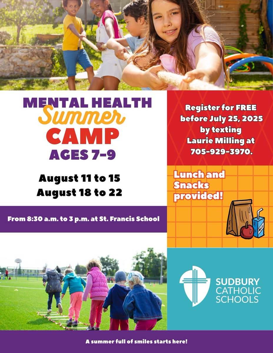 ***REGISTRATION HAS BEEN EXTENDED TO AUG 10

🌞 Mental Health Summer Camps at St. Francis School 🌿
For children ages 7–9
🗓️ August 11–15 &amp; August 18–22
🕣 8:30 a.m. – 3:00 p.m.

Register for FREE by texting Laurie Milling at 705-929-3970.