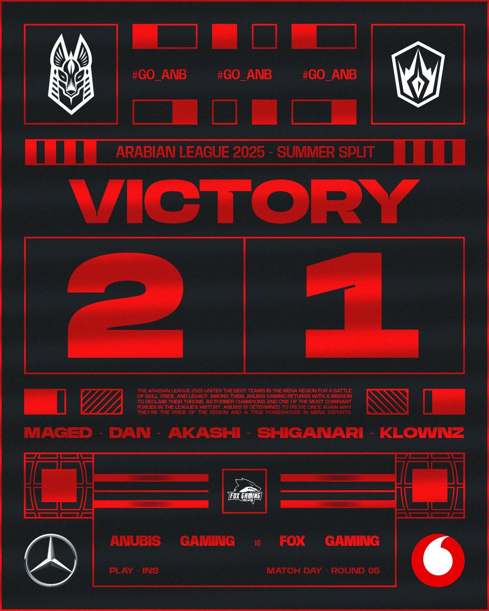 VICTORY 🔥

انتصرنا علي فريق Fox Gaming في بطولة Arabian League بنتيجة 2-1 

<a href="/VodafoneEgypt/">Vodafone Egypt</a>
<a href="/mercedesbenzeg/">Mercedes-Benz EG</a>

#ALIP25 | #GO_ANB