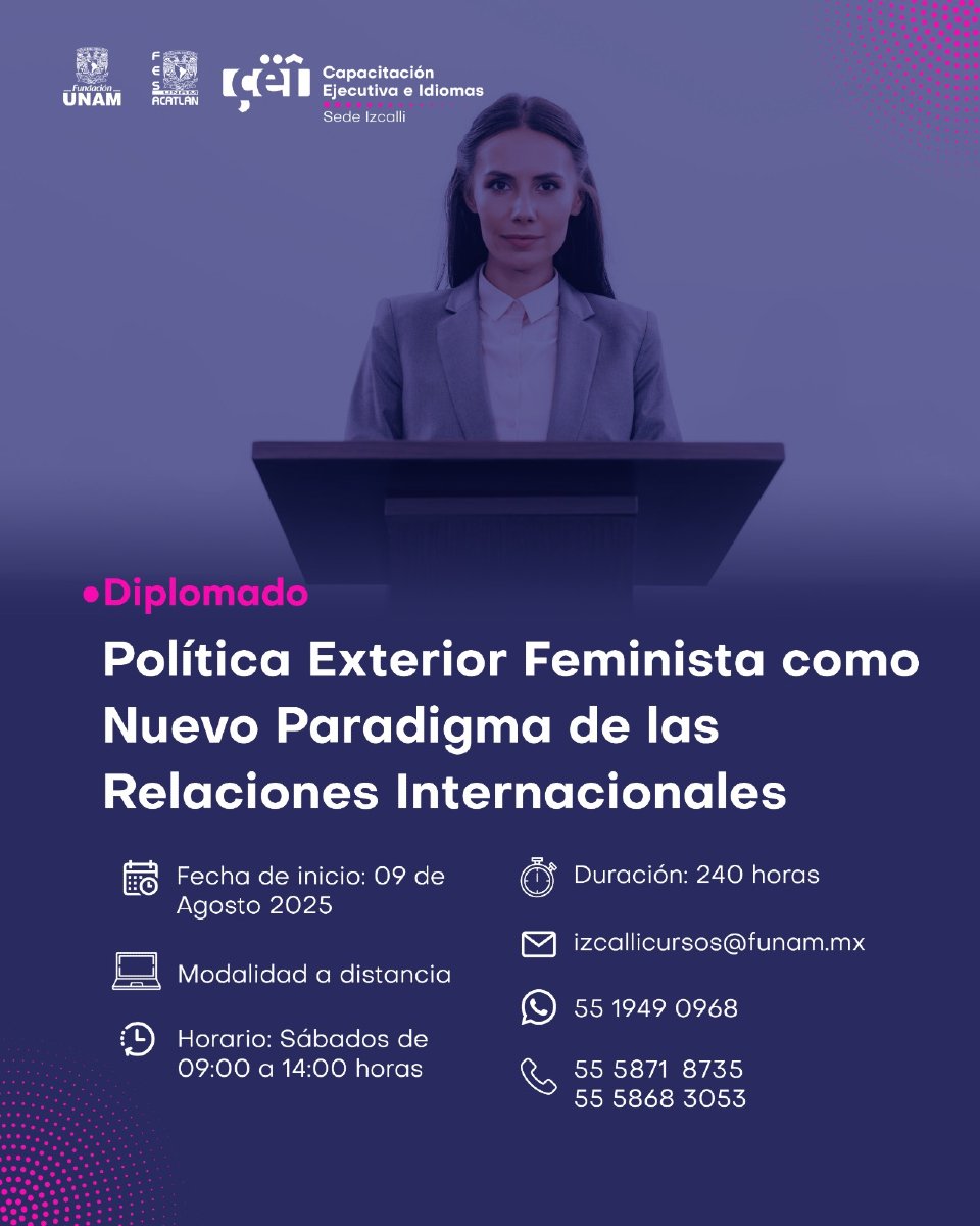 FUNDACIÓN UNAM (@fundacion_unam) on Twitter photo CEI FUNAM Izcalli te invita al diplomado "Política Exterior Feminista como Nuevo Paradigma de las Relaciones Intermacionales". 🤓📚
📅 Inicio: 9 de agosto
👉 Informes: izcallicursos@funam.mx / f.mtr.cool/vvppbieuig
Modalidad: a distancia CEI FUNAM Izcalli te invita al diplomado "Política Exterior Feminista como Nuevo Paradigma de las Relaciones Intermacionales". 🤓📚
📅 Inicio: 9 de agosto
👉 Informes: izcallicursos@funam.mx / f.mtr.cool/vvppbieuig
Modalidad: a distancia