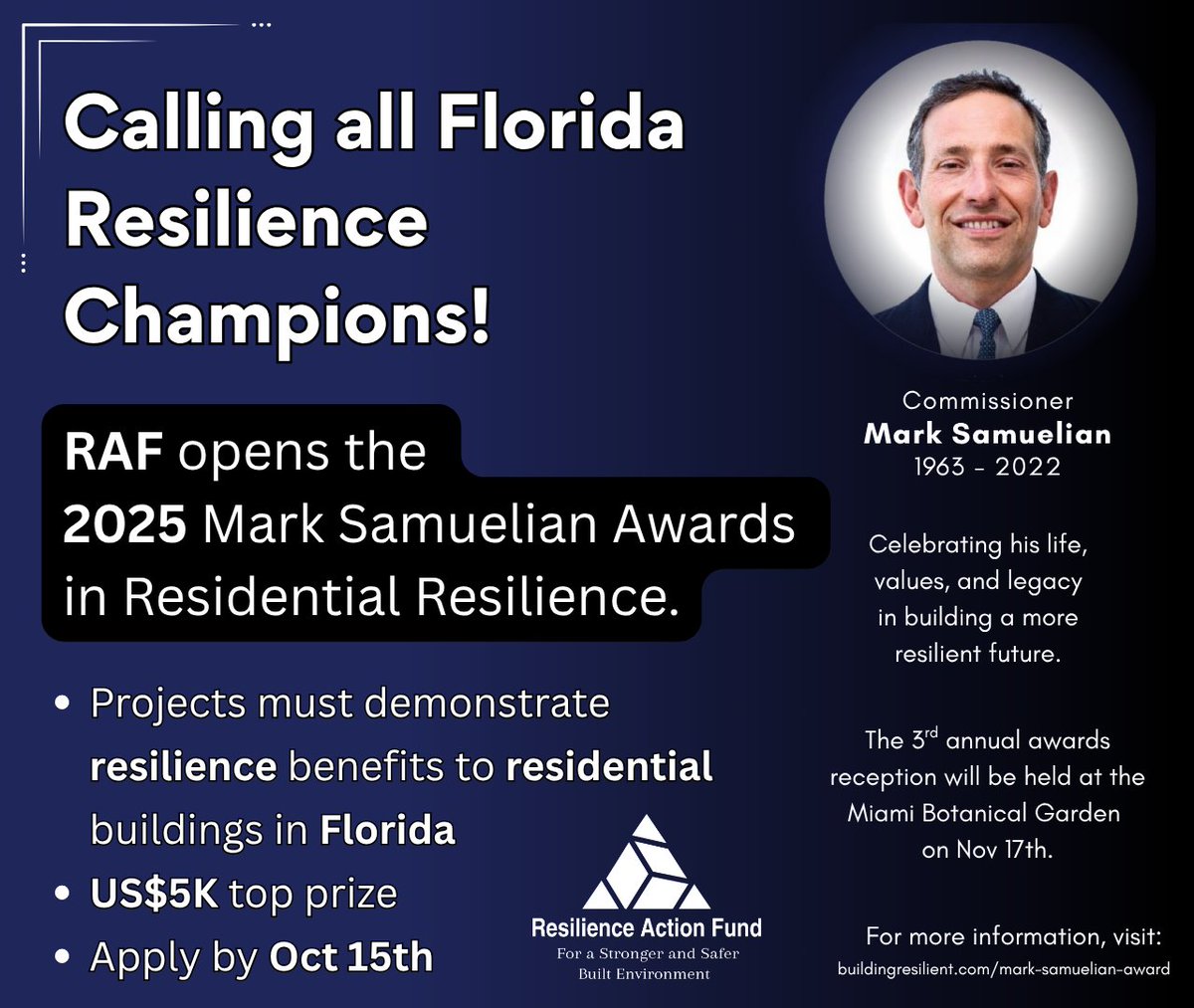 Calling all Florida #resilience #champions!
. 
<a href="/ResilienceAF/">Resilience Action Fd</a> opens the  2025 Mark Samuelian #Awards in #residential resilience.   
. 
$5K top prize!   
. 
Apply by Oct 15  👉  buildingresilient.com/mark-samuelian… 
. 
#ResilienceMatters #ResilientCommunities #FloridaResilience #Smartbuildings