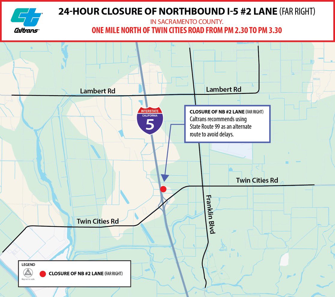 CHPSouthSac's tweet image. #TrafficAdvisory🚨Construction scheduled on #SacramentoCounty NB I-5 about 1-mile north of Twin Cities Rd. NB #2 lane will be closed for 24-hrs starting 9PM, Fri, 7/25. Use Hwy 99 for alternate route. @CaltransHQ @CaltransDist10 @CHPSouthSac @CHP_Valley @SacCountyCA @Caltrux