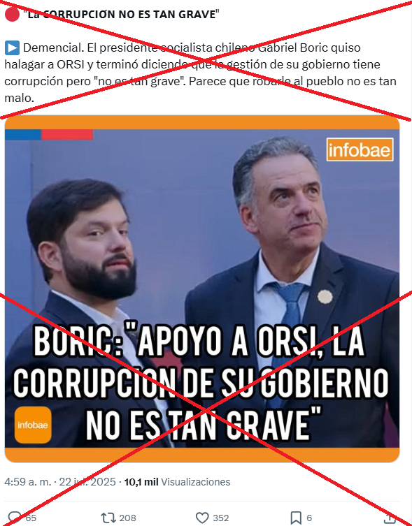 AfpFactual's tweet image. 🇺🇾🇨🇱 Circula una placa adjudicada a @Infobae que afirma que para el presidente chileno, @GabrielBoric, “la corrupción” del gobierno de su par uruguayo, @OrsiYamandu, “no es tan grave”.
❌ Pero la imagen es falsa y difiere con las que publica el medio.
➡️ u.afp.com/BoricOrsi