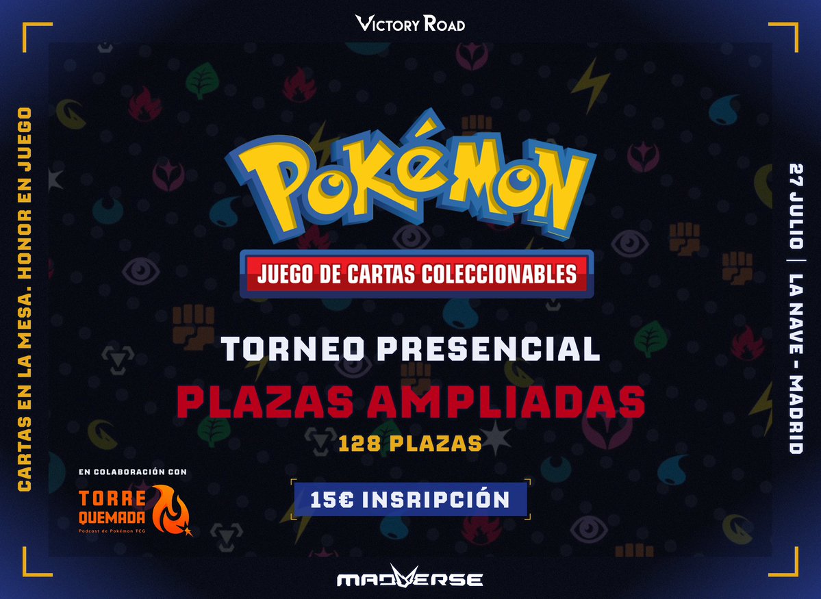 Madverse (@madverse_es) on Twitter photo 🚨 ¡Jugadores de Pokémon TCG! 🚨
Aparecían agotadas las entradas de nuestro torneo de Pokémon TCG... ¡Pero ya no! ¡¡Ampliamos a 1⃣2⃣8⃣ plazas!! 🔥
Te esperamos el domingo, ¡empezamos a las 09:30! 🕘
¡Pásate y conoce a <a href="/torrequemadatcg/">Torre Quemada | Un Pódcast de Pokémon TCG</a>! 🏆
🎫Tickets: my.weezevent.com/pokemon-tcg-ma… 🚨 ¡Jugadores de Pokémon TCG! 🚨
Aparecían agotadas las entradas de nuestro torneo de Pokémon TCG... ¡Pero ya no! ¡¡Ampliamos a 1⃣2⃣8⃣ plazas!! 🔥
Te esperamos el domingo, ¡empezamos a las 09:30! 🕘
¡Pásate y conoce a <a href="/torrequemadatcg/">Torre Quemada | Un Pódcast de Pokémon TCG</a>! 🏆
🎫Tickets: my.weezevent.com/pokemon-tcg-ma…
