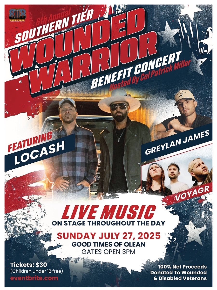 🇺🇸 Southern Tier Supports Wounded Warriors
🎶 Don’t miss the 6th Annual Benefit Concert hosted by Col. Patrick Miller this Sunday, July 27, at Good Times of Olean!
🎤 LOCASH • Greylan James • Voyagr
🕒 3PM | 🎟 $30 | Kids FREE
💯 Proceeds support Wounded Veterans
#NYSDVS
