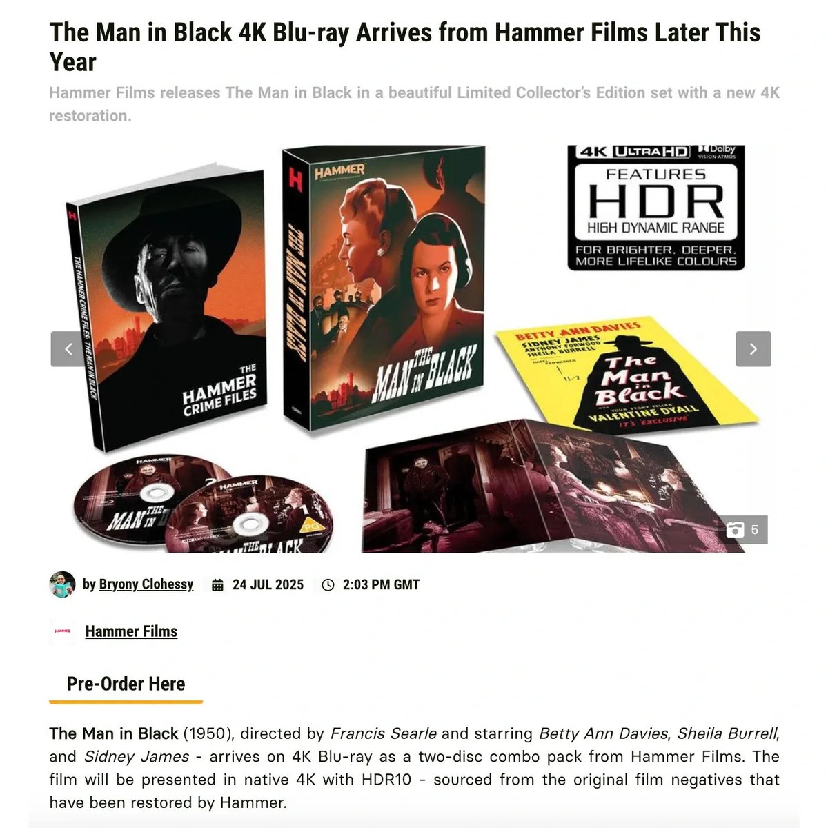 mightychroma's tweet image. 🎬 @hammerfilms is bringing "The Man in Black" to 4K Blu-ray this Fall.🕴
Featuring new 4K restoration from the original negatives and HDR10.
Includes commentaries from Hammer Podcast & BFI Flipside creators, plus a booklet! 📚
Preorder!
bit.ly/4mjPstj
#PhysicalMedia
