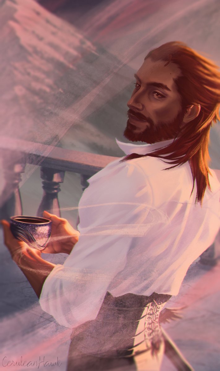 Ceruleanhawk_'s tweet image. Calm morning ☕
---
This picture has worn me out. High key is so hard for me to pull off.
#Lucanis #LucanisDellamorte #DragonAge #DragonAgeVeilguard