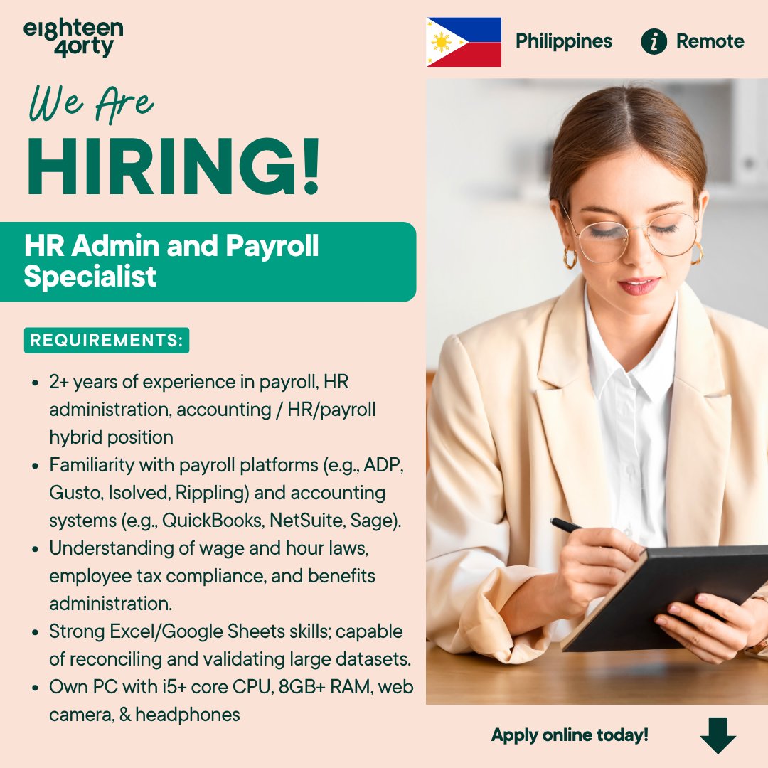 1840andCompany's tweet image. We are actively looking for an HR Admin and Payroll Specialist based in the Philippines to join the team.

Learn more and apply here 👉 bit.ly/45jEA8W 

#Remotework #Freelancing #HRAdmin #PayrollSpecialist #Philippines #JoinOurteam