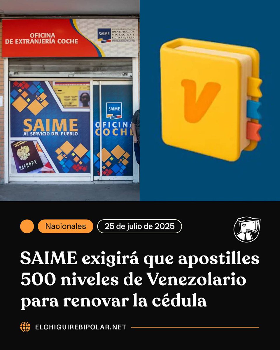 ChiguireBipolar's tweet image. SAIME exigirá que apostilles 500 niveles de Venezolario para renovar la cédula ow.ly/okrz50WvuC3