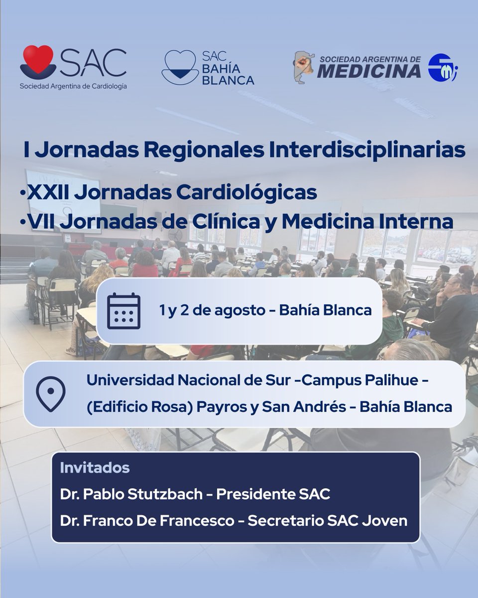SAC_54's tweet image. 🔵I Jornadas Regionales Interdisciplinarias 📍 Bahía Blanca

📌1 y 2 de agosto 
📍Universidad Nacional de Sur - Campus Palihue - (Edificio Rosa) Payros y San Andrés -

✅Inscripciones 👉🔗 sac.org.ar/sac-eventos/i-…