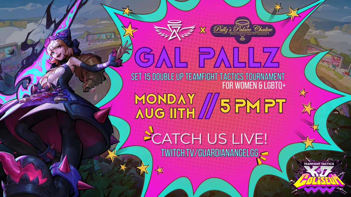 Guardian Angel League (@galeaguetft) on Twitter photo Grab your bestie and get ready to battle! 💥
Join <a href="/GALeagueTFT/">Guardian Angel League</a> and <a href="/palacechalice/">Pallz's Palace Chalice</a> for GAL Pallz, a women & LGBTQ+ TFT Double Up tournament on August 11th at 5pm PST!
🏅 Prizing: 11000+ RP
✨32 Player Cap / 16 Teams
📺 Streamed Live on Twitch
Sign up 👇👇 Grab your bestie and get ready to battle! 💥
Join <a href="/GALeagueTFT/">Guardian Angel League</a> and <a href="/palacechalice/">Pallz's Palace Chalice</a> for GAL Pallz, a women & LGBTQ+ TFT Double Up tournament on August 11th at 5pm PST!
🏅 Prizing: 11000+ RP
✨32 Player Cap / 16 Teams
📺 Streamed Live on Twitch
Sign up 👇👇