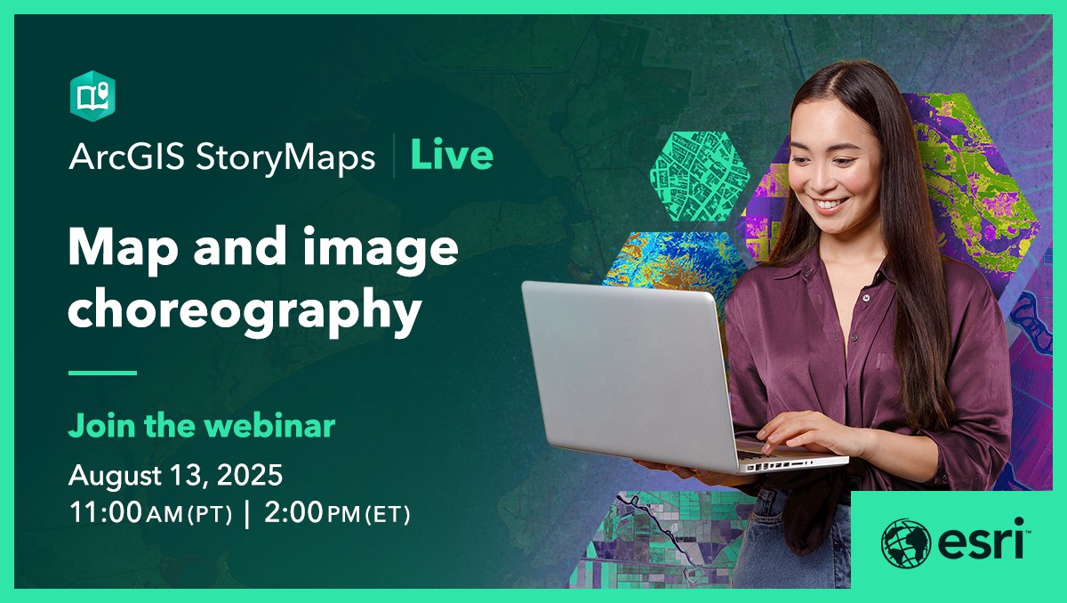 ArcGISStoryMaps's tweet image. Planning to enter the 2025 ArcGIS #StoryMaps competition? Learn how to synchronize your visuals to move with a purpose using map and image choreography.
Read more and register for ArcGIS StoryMaps Live on August 13: ow.ly/BqJn50WuYXQ