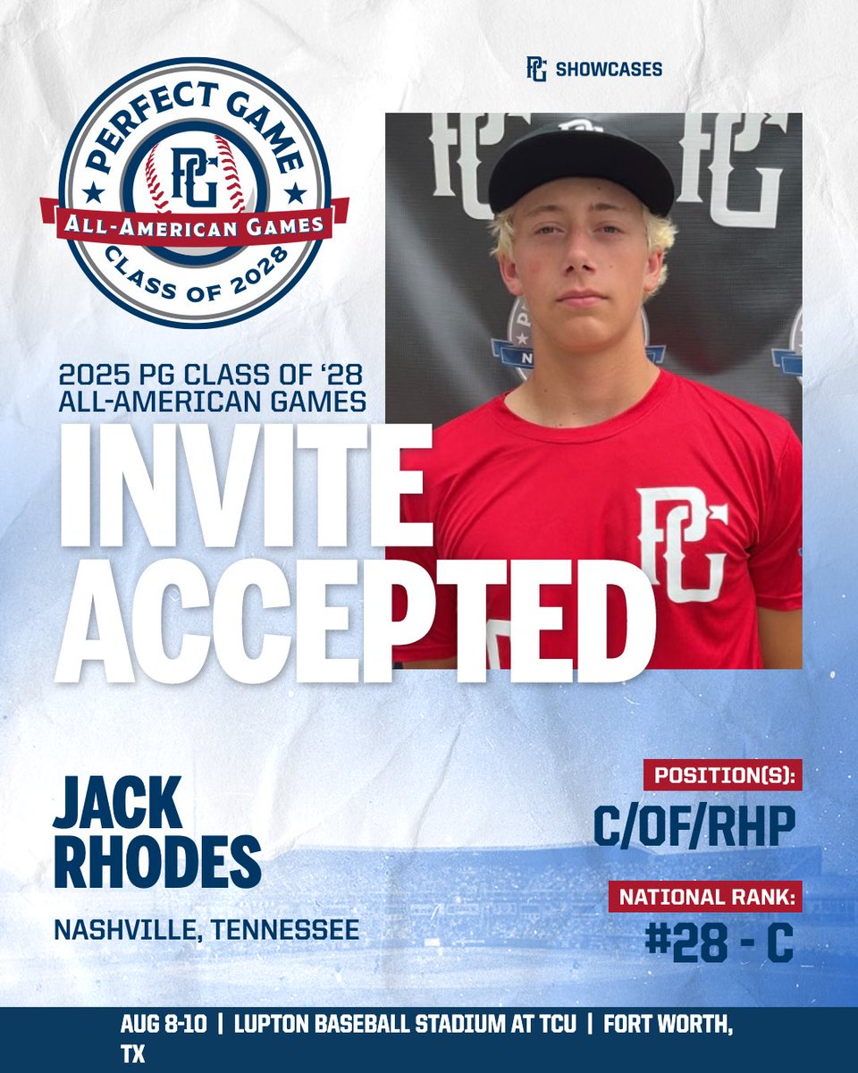 PG Showcases (@pgshowcases) on Twitter photo 🚨INVITE ACCEPTED🚨
Jack Rhodes (TN) has accepted his invitation and will be heading to the 2025 PG Class of 2028 All-American Games! 🔥
<a href="/PG_Tennessee/">Perfect Game Tennessee</a> <a href="/PerfectGameUSA/">Perfect Game USA</a> 🚨INVITE ACCEPTED🚨
Jack Rhodes (TN) has accepted his invitation and will be heading to the 2025 PG Class of 2028 All-American Games! 🔥
<a href="/PG_Tennessee/">Perfect Game Tennessee</a> <a href="/PerfectGameUSA/">Perfect Game USA</a>