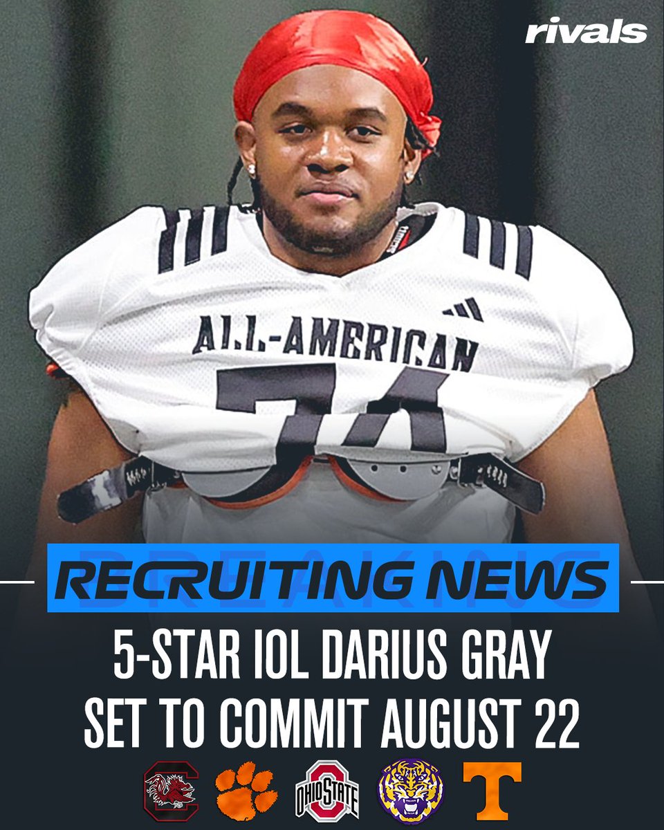 On3 Recruits (@on3recruits) on Twitter photo 🚨NEWS🚨 No. 1 IOL Darius Gray will announce his commitment on Aug. 22, he tells <a href="/ChadSimmons_/">ChadSimmons</a> and <a href="/SWiltfong_/">Steve Wiltfong</a>⌛️
Gray will choose between Clemson, LSU, Ohio State, South Carolina and Tennessee.
Read: on3.com/rivals/news/da… 🚨NEWS🚨 No. 1 IOL Darius Gray will announce his commitment on Aug. 22, he tells <a href="/ChadSimmons_/">ChadSimmons</a> and <a href="/SWiltfong_/">Steve Wiltfong</a>⌛️
Gray will choose between Clemson, LSU, Ohio State, South Carolina and Tennessee.
Read: on3.com/rivals/news/da…