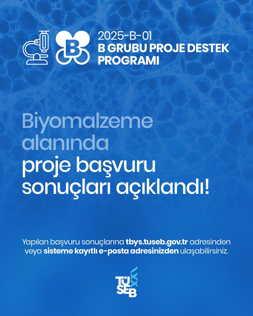 tusebgovtr's tweet image. 2025 Yılı TÜSEB B Grubu Ar-Ge Proje Çağrısı Kapsamlı Başvuruların Sonuçları Açıklandı!
TÜSEB tarafından, sağlık bilimleri ve teknolojileri alanında; yenilikçi çözümler sunan, ihtiyaçlara yönelik teknolojik yaklaşımlar geliştiren ve ürün odaklı bir hedefi olan stratejik Ar-Ge…