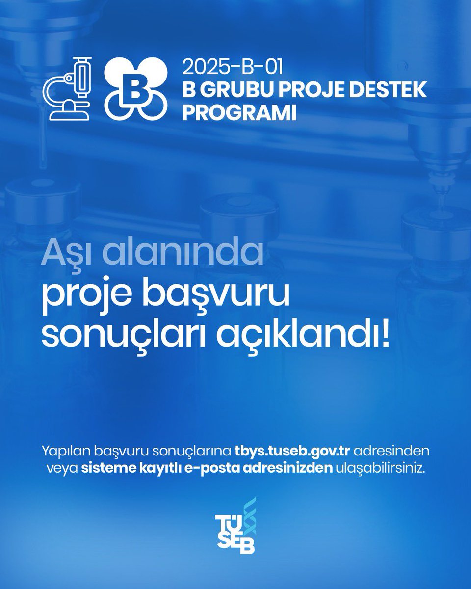 tusebgovtr's tweet image. 2025 Yılı TÜSEB B Grubu Ar-Ge Proje Çağrısı Kapsamlı Başvuruların Sonuçları Açıklandı!
TÜSEB tarafından, sağlık bilimleri ve teknolojileri alanında; yenilikçi çözümler sunan, ihtiyaçlara yönelik teknolojik yaklaşımlar geliştiren ve ürün odaklı bir hedefi olan stratejik Ar-Ge…