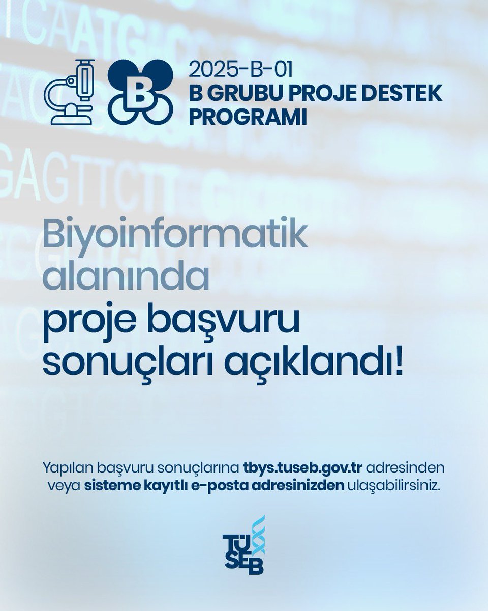 tusebgovtr's tweet image. 2025 Yılı TÜSEB B Grubu Ar-Ge Proje Çağrısı Kapsamlı Başvuruların Sonuçları Açıklandı!
TÜSEB tarafından, sağlık bilimleri ve teknolojileri alanında; yenilikçi çözümler sunan, ihtiyaçlara yönelik teknolojik yaklaşımlar geliştiren ve ürün odaklı bir hedefi olan stratejik Ar-Ge…