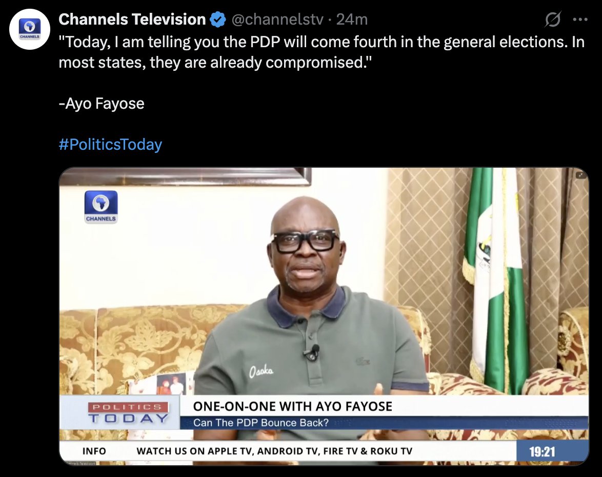 RealQueenBee__'s tweet image. Gov Ayo Fayose said Peter Obi will score more votes than the ADC and PDP.
The ADC needs Obi more than Obi needs the ADC.
Do you agree with him?
