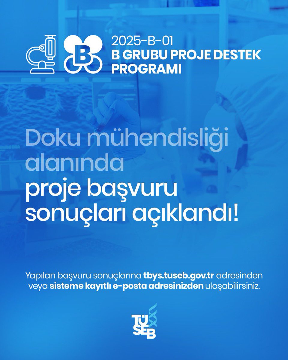 tusebgovtr's tweet image. 2025 Yılı TÜSEB B Grubu Ar-Ge Proje Çağrısı Kapsamlı Başvuruların Sonuçları Açıklandı!
TÜSEB tarafından, sağlık bilimleri ve teknolojileri alanında; yenilikçi çözümler sunan, ihtiyaçlara yönelik teknolojik yaklaşımlar geliştiren ve ürün odaklı bir hedefi olan stratejik Ar-Ge…
