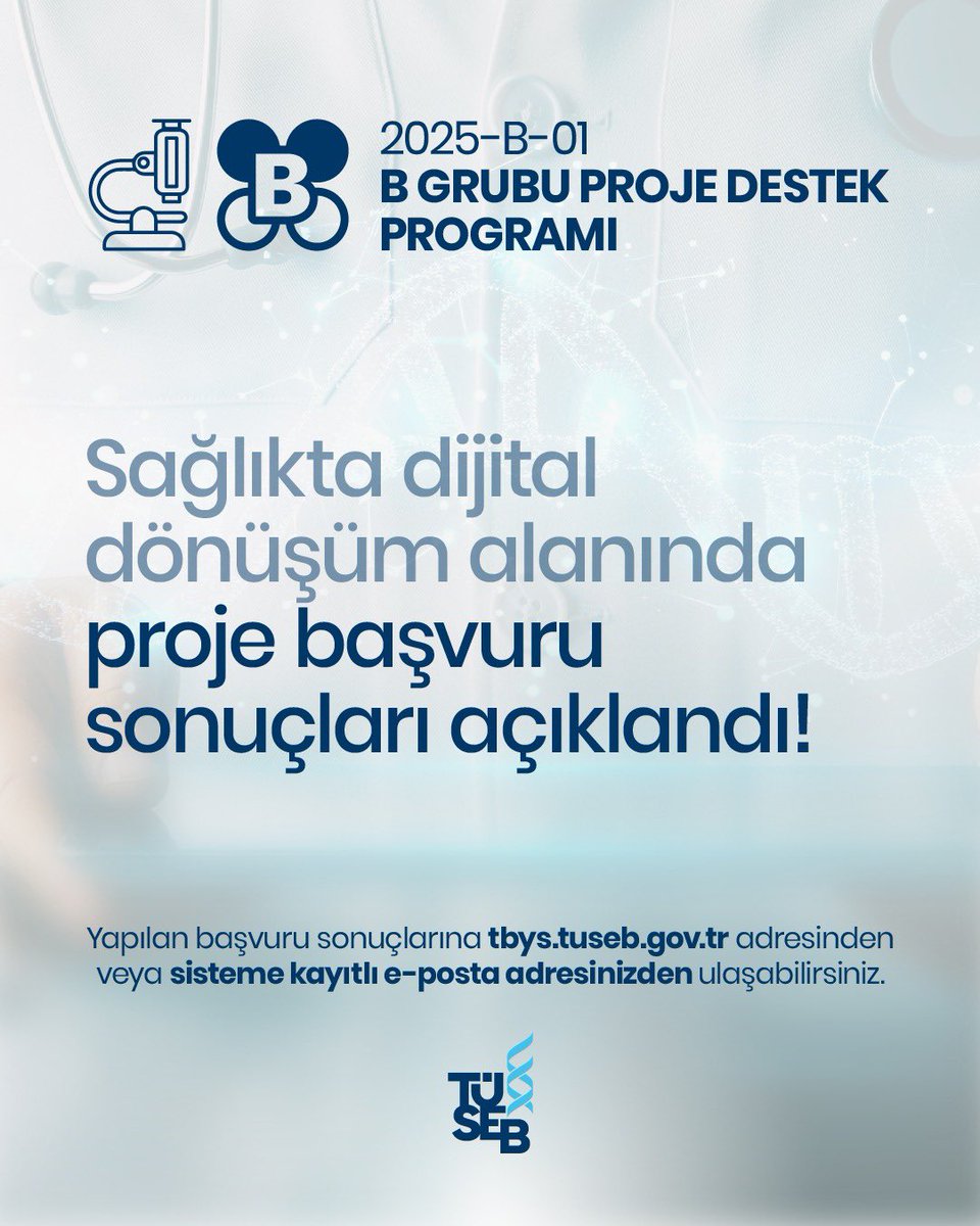 tusebgovtr's tweet image. 2025 Yılı TÜSEB B Grubu Ar-Ge Proje Çağrısı Kapsamlı Başvuruların Sonuçları Açıklandı!
TÜSEB tarafından, sağlık bilimleri ve teknolojileri alanında; yenilikçi çözümler sunan, ihtiyaçlara yönelik teknolojik yaklaşımlar geliştiren ve ürün odaklı bir hedefi olan stratejik Ar-Ge…