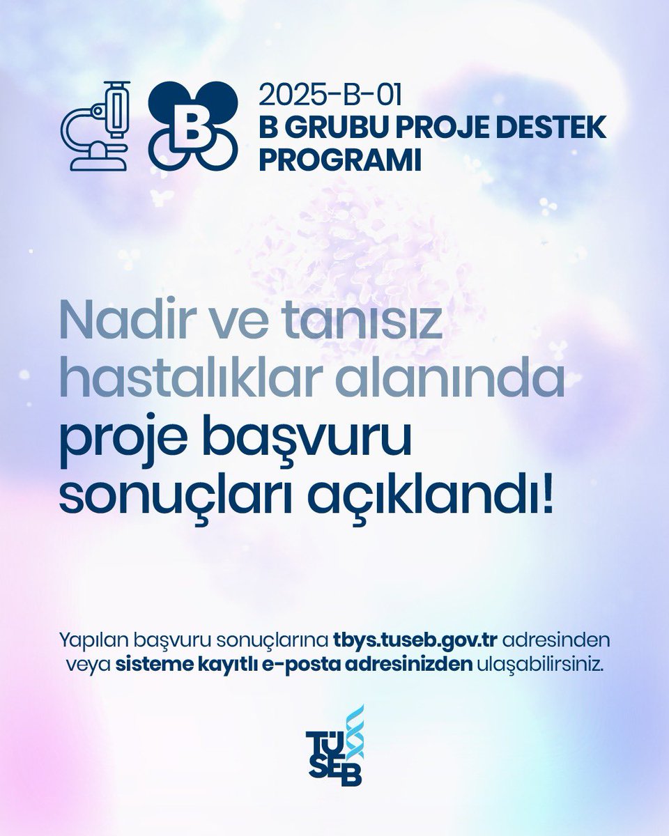 tusebgovtr's tweet image. 2025 Yılı TÜSEB B Grubu Ar-Ge Proje Çağrısı Kapsamlı Başvuruların Sonuçları Açıklandı!
TÜSEB tarafından, sağlık bilimleri ve teknolojileri alanında; yenilikçi çözümler sunan, ihtiyaçlara yönelik teknolojik yaklaşımlar geliştiren ve ürün odaklı bir hedefi olan stratejik Ar-Ge…