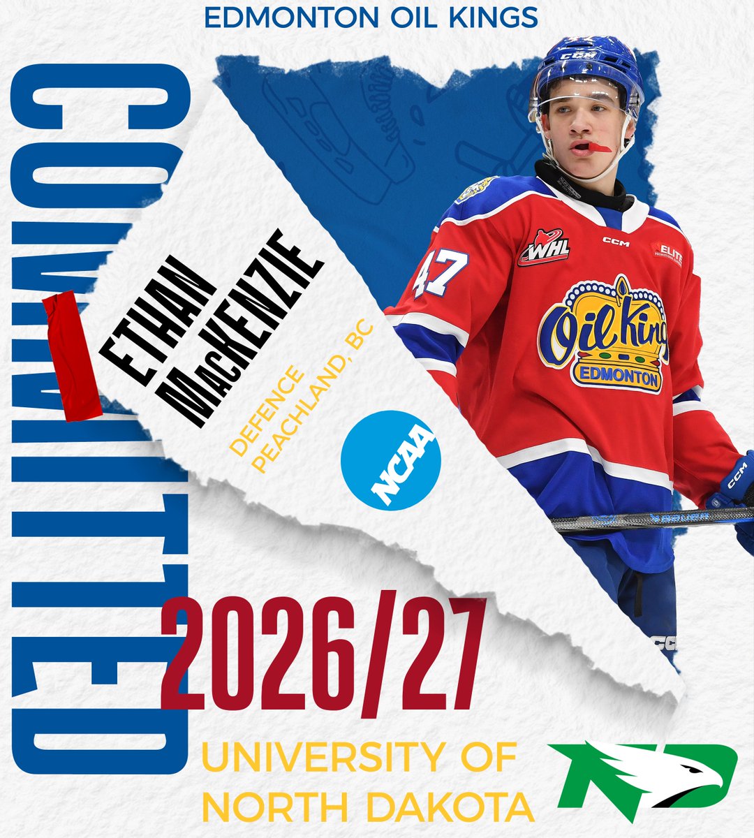 EdmOilKings's tweet image. EDM ➡️ ND!
Oil Kings defenceman Ethan MacKenzie has announced his commitment to the @UNDmhockey for the 2026-27 season! 🦅
READ HERE: chl.ca/whl-oilkings/a…