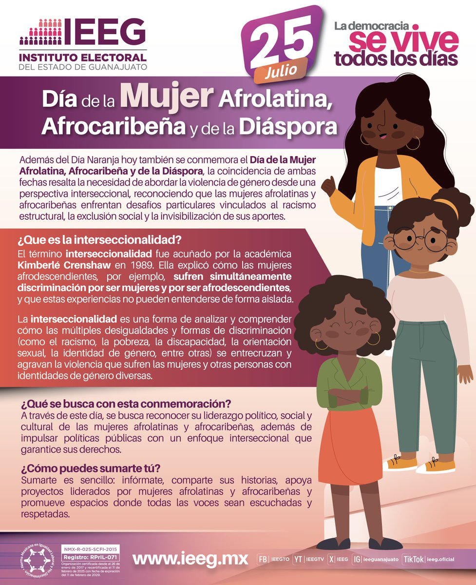 🟣 | Día Internacional de la Mujer Afrolatina, Afrocaribeña y de la Diáspora.

Nos invita a reflexionar sobre las múltiples formas de discriminación interseccional que enfrentan las mujeres afrolatinas, afrocaribeñas y de la diáspora.

#LaDemocraciaSeViveTodosLosDías