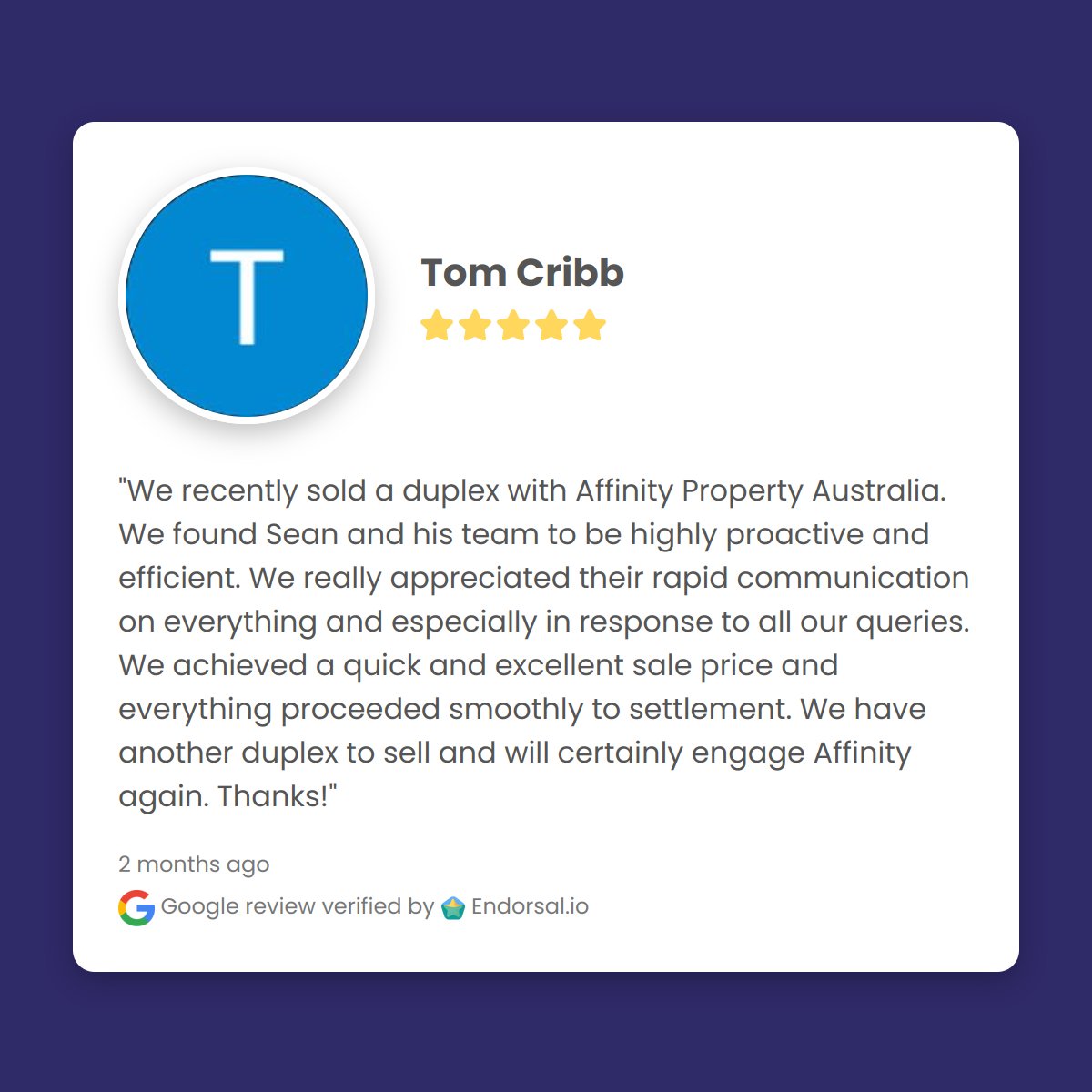AffinityAus's tweet image. Thank you Tom Cribb for sharing your feedback on Affinity Property.  It has been a pleasure helping you with your property.