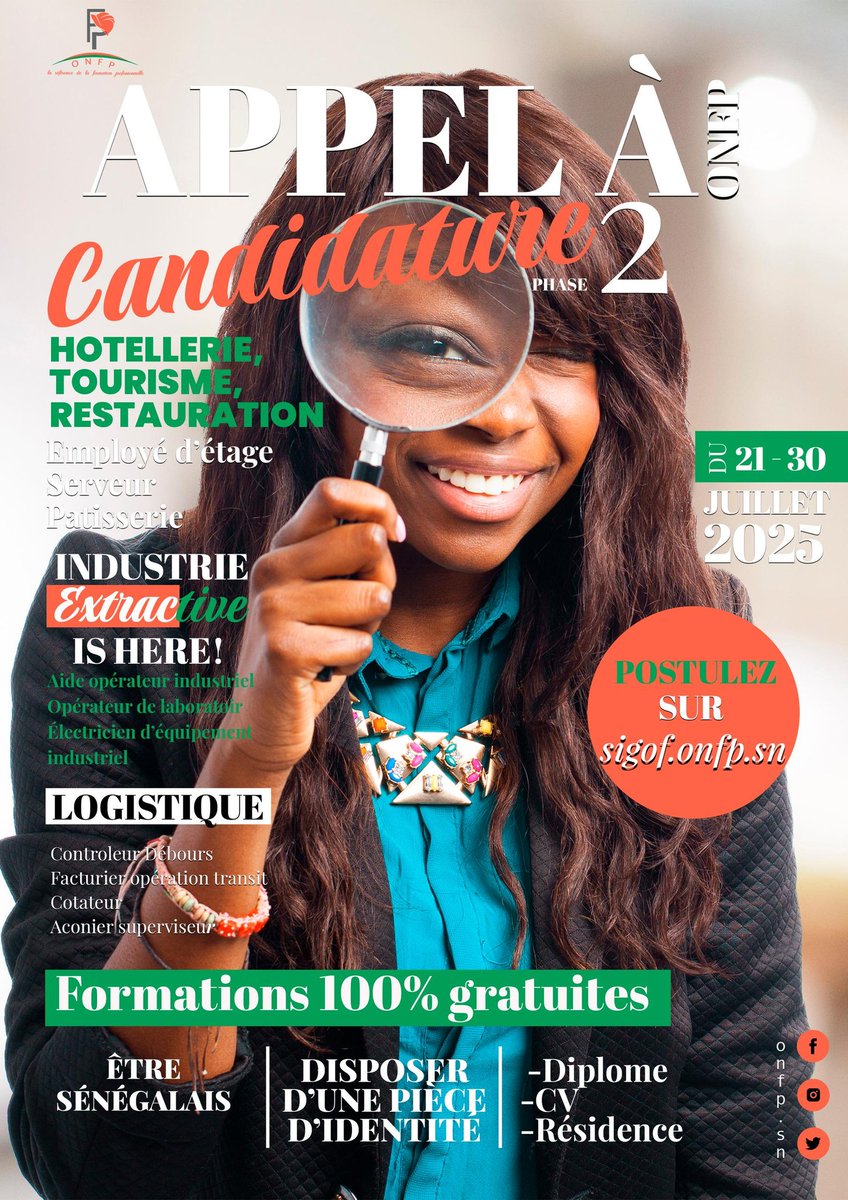 #Onfp_Officiel vous offre des formations 100% gratuites. Sont ciblés des métiers dans les domaines de la logistique, des industries extractives et du tourisme-hotellerie-restauration. 
Plus que quelques jours avant le mercredi 30/7/25 à 17h, fin de l'appel à candidatures