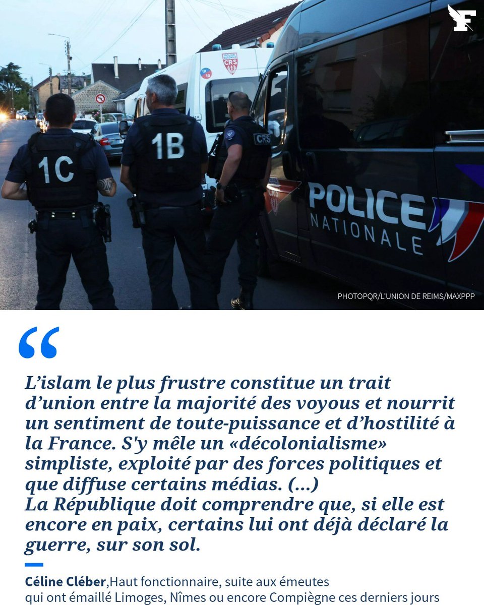 FigaroVox's tweet image. Les violences urbaines qui ont émaillé Limoges, Nîmes ou Compiègne ces derniers jours doivent nous alerter sur la montée de l’insécurité, explique Céline Cléber, auteur de Douce France.
Ce combat doit engager toutes nos institutions, ajoute-t-elle.
l.lefigaro.fr/fqK