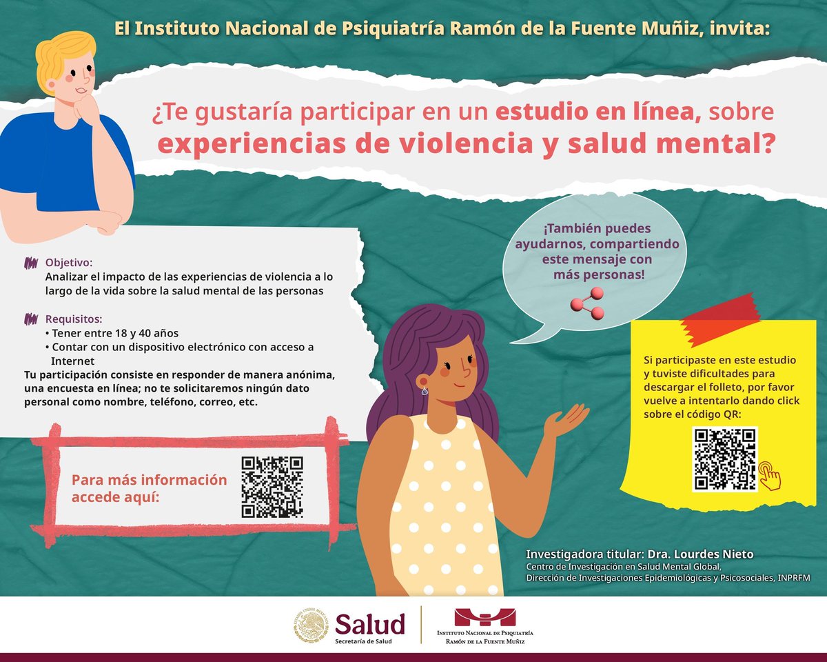 INPRFM's tweet image. 🔍 El INRFM te invita a participar en un estudio en línea que busca comprender cómo la violencia a lo largo de la vida impacta la salud mental.
📲 Responde la encuesta aquí:
👉 inprf.qualtrics.com/jfe/form/SV_5m…
ℹ️ bit.ly/3U3XGJG