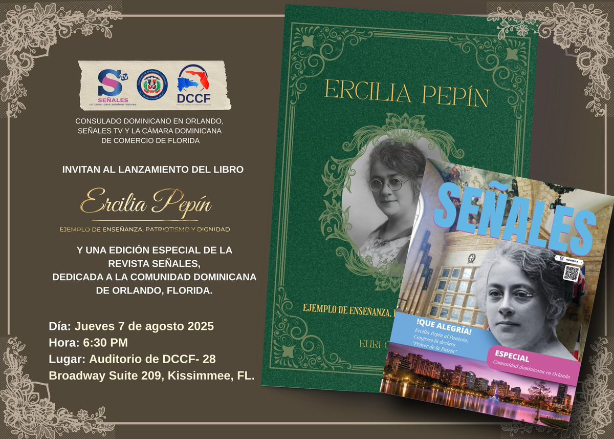 Consulado Gral de República Dominicana en Orlando (@rdenorlandousa) on Twitter photo Les invitamos a participar en la presentación del libro Ercilia Pepín, escrito por el economista y comentarista de <a href="/SoldelaMananaRD/">El Sol de la Mañana</a>, don <a href="/euri_cabral/">Euri Cabral</a>, en la sede de la Cámara de Comercio Dominicana en Florida Central, en <a href="/CityofKissimmee/">City of Kissimmee</a>. 🇩🇴🤝🏼🇺🇸<a href="/MIREXRD/">Cancillería de República Dominicana</a> <a href="/luisabinader/">Luis Abinader</a> Les invitamos a participar en la presentación del libro Ercilia Pepín, escrito por el economista y comentarista de <a href="/SoldelaMananaRD/">El Sol de la Mañana</a>, don <a href="/euri_cabral/">Euri Cabral</a>, en la sede de la Cámara de Comercio Dominicana en Florida Central, en <a href="/CityofKissimmee/">City of Kissimmee</a>. 🇩🇴🤝🏼🇺🇸<a href="/MIREXRD/">Cancillería de República Dominicana</a> <a href="/luisabinader/">Luis Abinader</a>